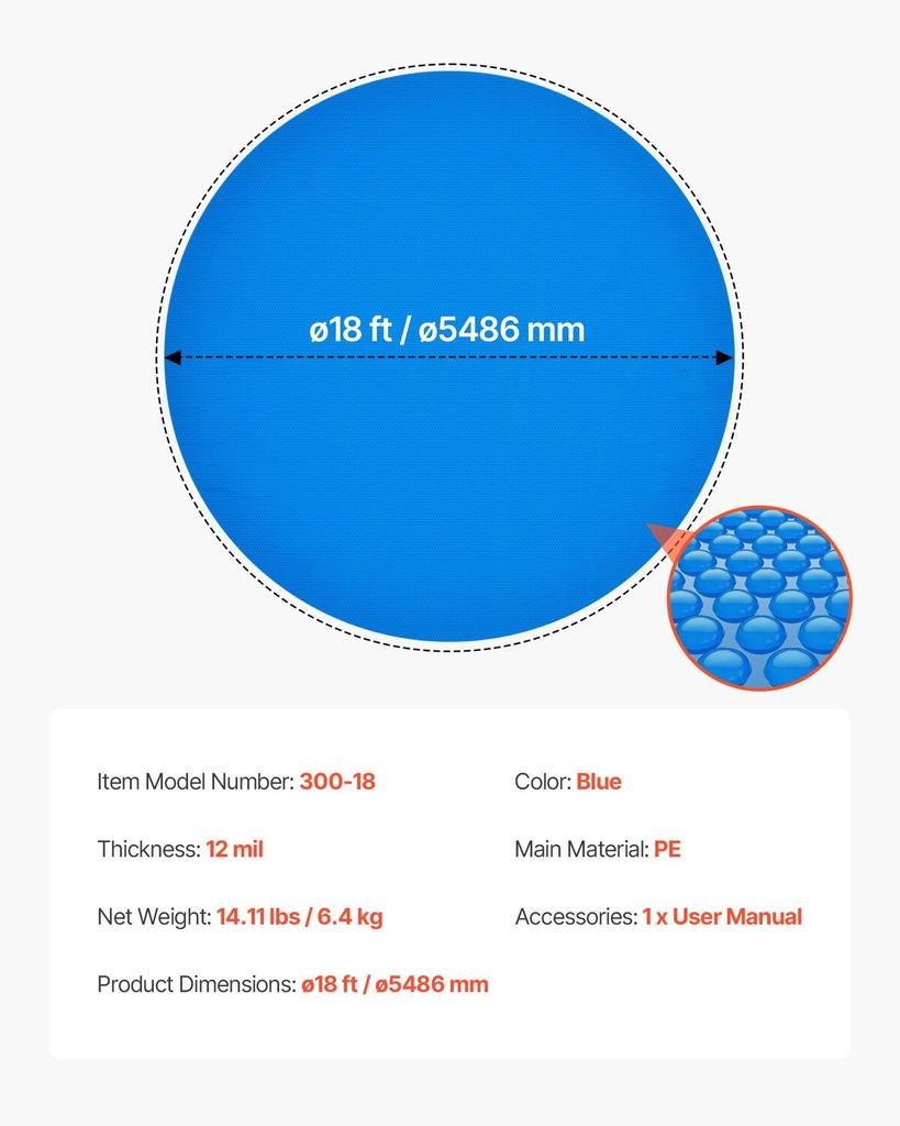 Solar Pool Cover, 5.49m Round Pool Bubble Cover, 12 Mil Pools Solar Blanket with Bubble & PE Material, Daytime Heat Absorption, Nighttime Heat