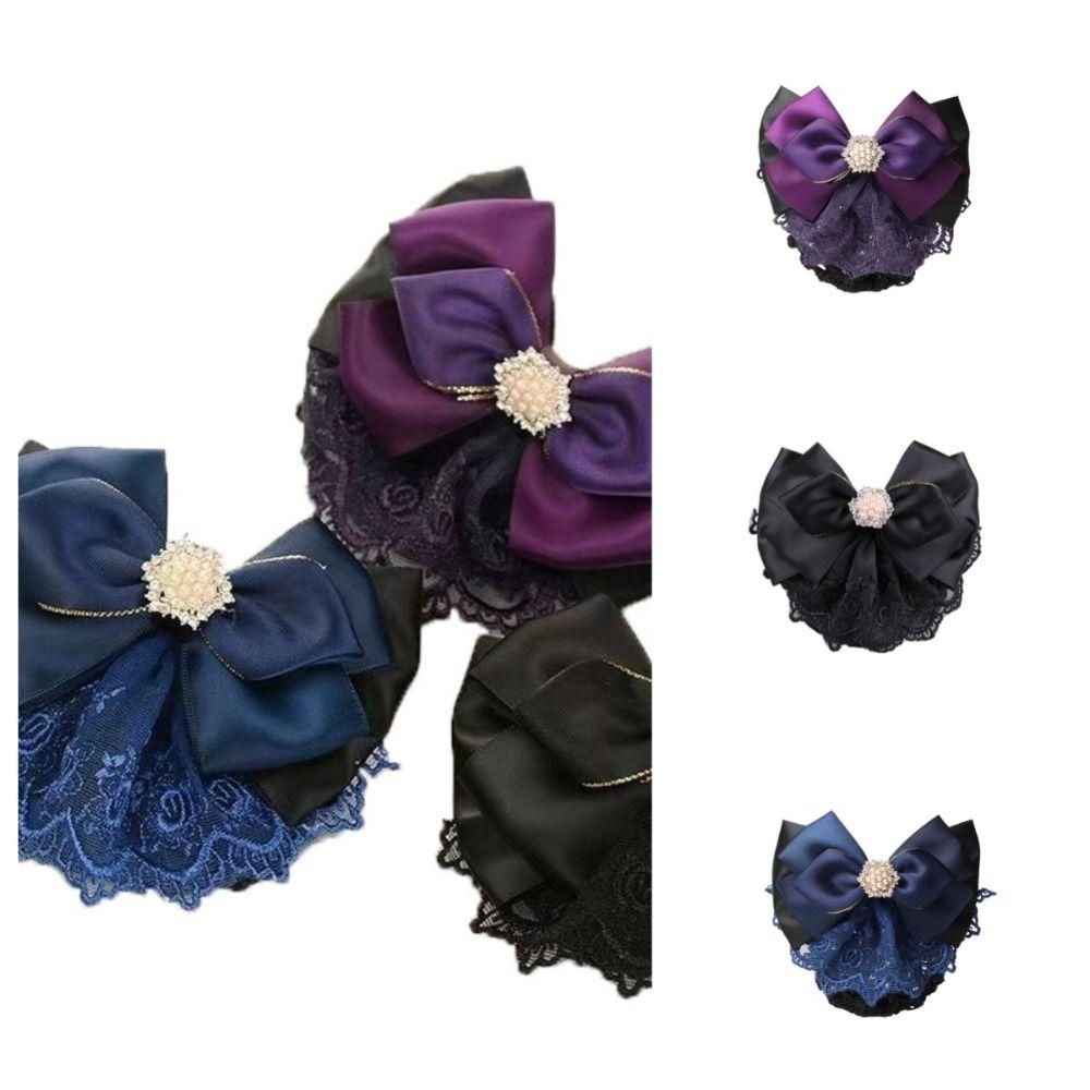 Pearl Bowknot Spring Clip Ribbon Hair Net Cover Elegant Bun Snood  Bank