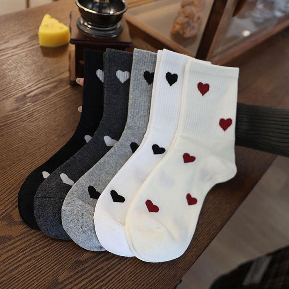 5Pairs Harajuku Patchwork Color Socks Heart Pattern Mid Tube Socks Love Mid-Calf Socks  Sports