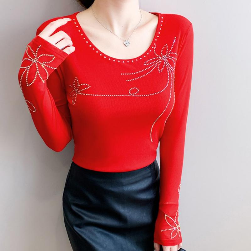 Весна Осень Женская Футболка со Стразами Горячей Фиксации Элегантная С Круглым Вырезом и Длинным Рукавом Приталенные Женские Топы