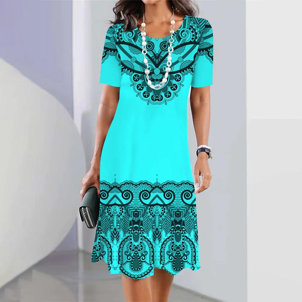 Женские платья 3D Color Blocking Printing Dress Элегантные топы с короткими рукавами Одежда Ретро-юбка А-силуэта Вечерняя красочная одежда