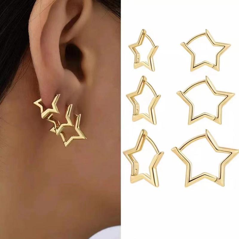 Statement Gold Color Plated Bold Star Hoops Tarnish Resistant For Women Huggies Earring Piercing Accessory Jewelry Gift
