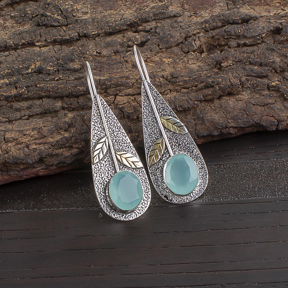Aqua Chalcedony Handmade Gemstone Jewelry, 925 Solid Sterling Silver Earrings Unique Design Jewelry, For Women