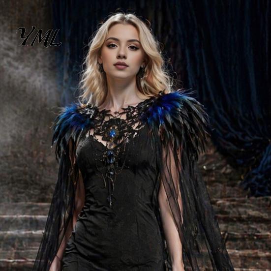 Elegant Gothic Accessory Feather Cloak for Men Women, Halloween Tulle Cape with Dark Aesthetic Costume Shawl Shrug Shoulder Wrap Witch Cosplay