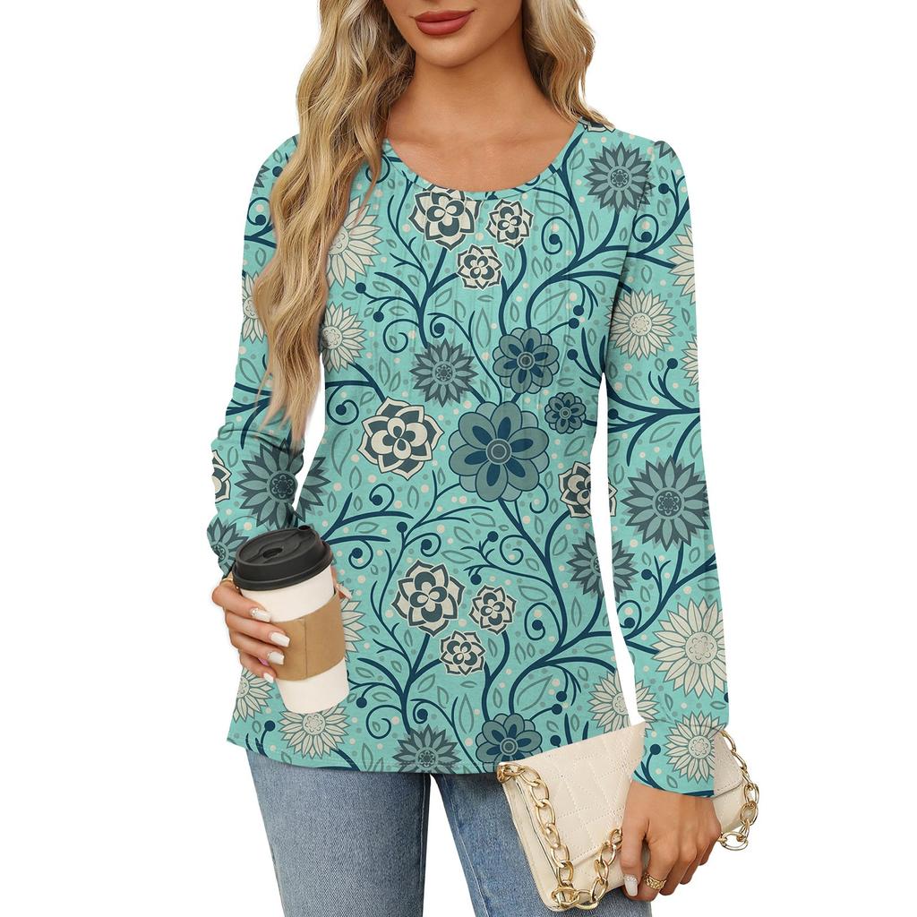 Рубашки с длинным рукавом для женщин, футболки с милым принтом и графикой, блузки, нарядные повседневные блузки, плиссированные топы-туники с овальным вырезом