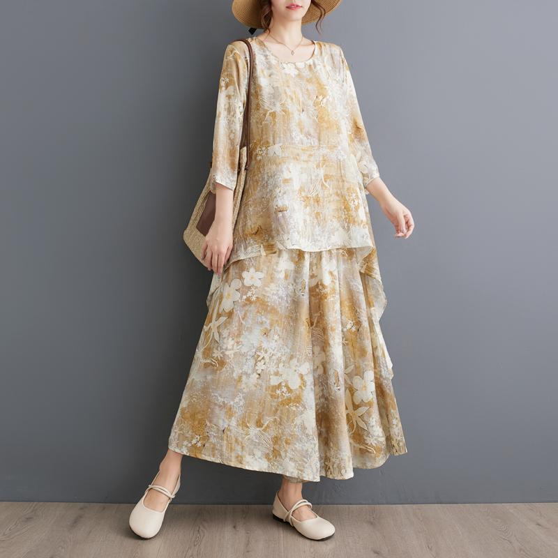 Dimanaf Комплект из двух предметов размера плюс, женская одежда, элегантный женский топ с принтом Vinatge, льняные свободные брюки, женский летний костюм