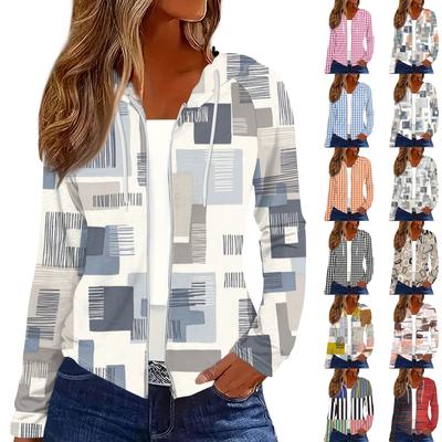 Женская мода повседневная застежка-молния с капюшоном и принтом с длинным рукавом толстовки пальто