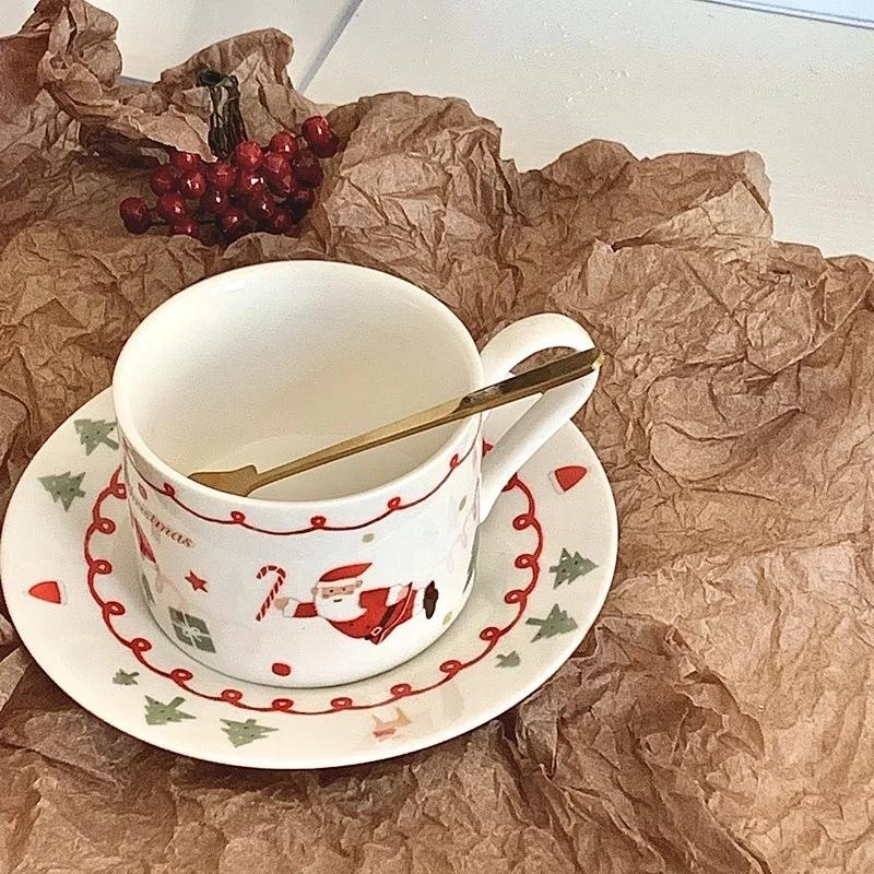 Christmas Ceramic Coffee Cup and Saucer Set Hand Drawn Cartoon Santa Claus Plate Home Breakfast Milk Cup Fruit Dessert Plate