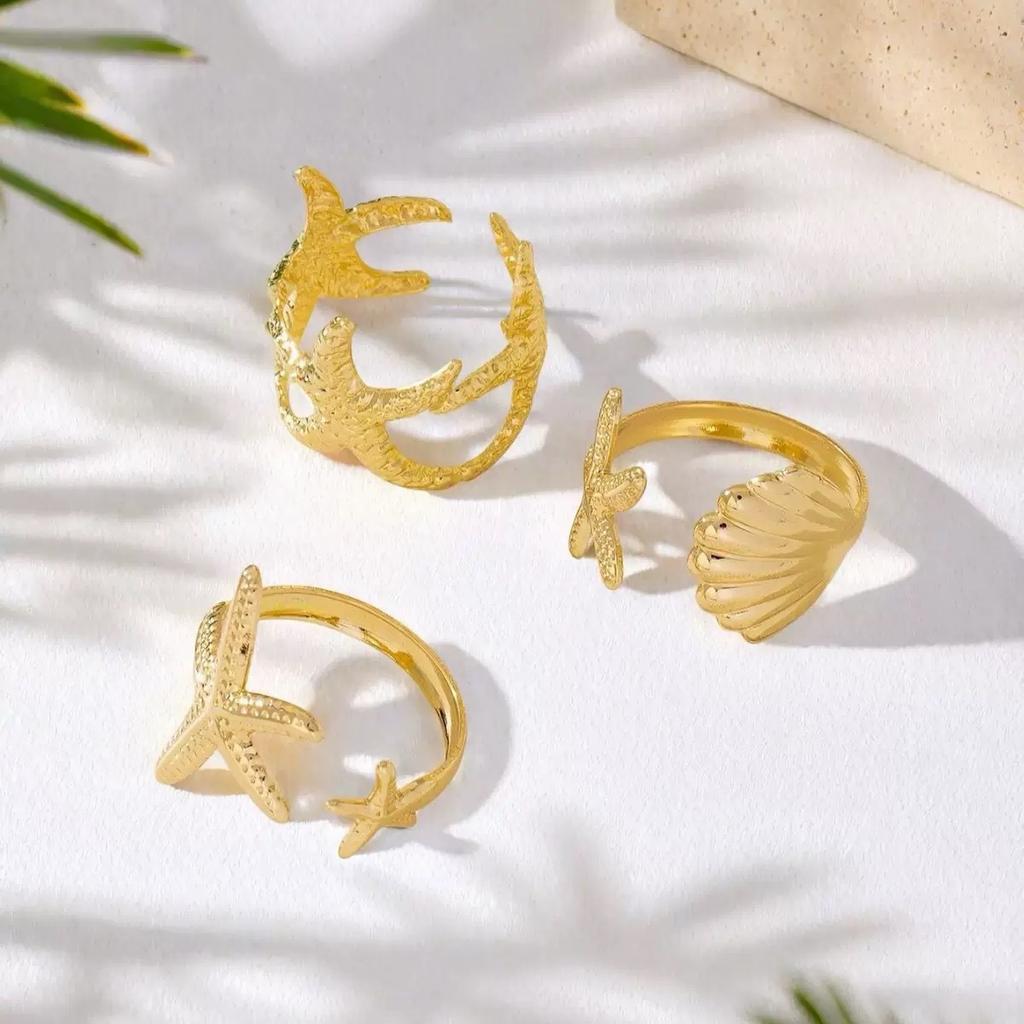 Fashion Personality Ocean Wind Vacation Wind Shell Starfish Ring Open Ring Set Female