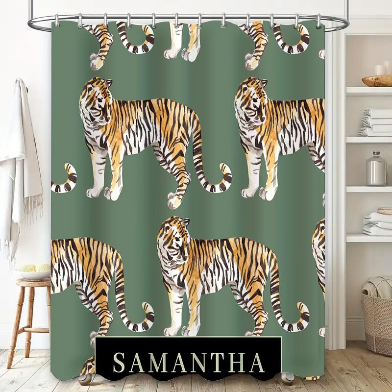 Стильная шторка для душа с тигровым принтом для декора ванной комнаты, персонализированная с пользовательским именем, с зеленым фоновым узором, украшение для дома.