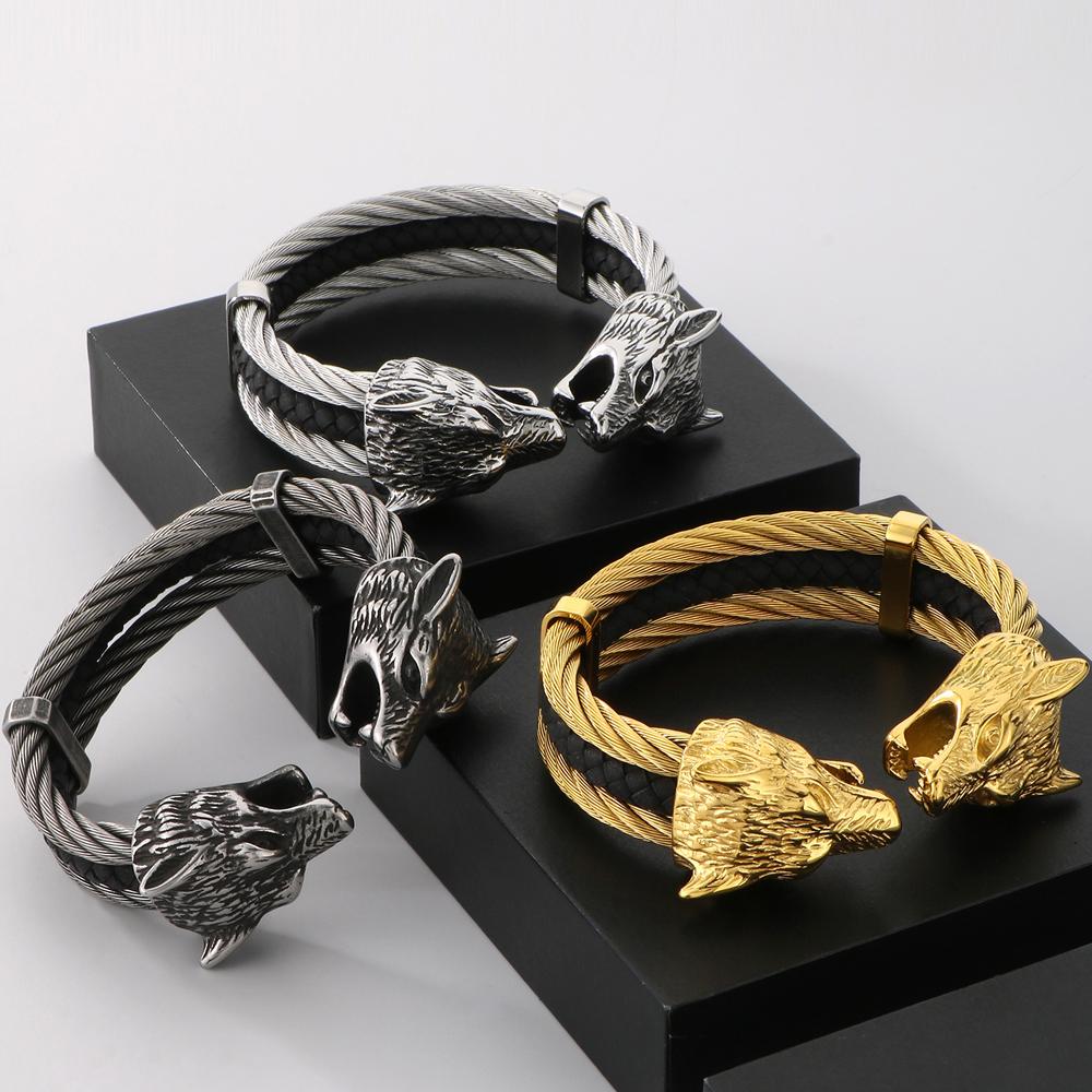 Готический эластичный двойной волчий череп открытый браслет-манжета для мужчин 12 мм витая цепочка сплошной из нержавеющей стали мужские браслеты