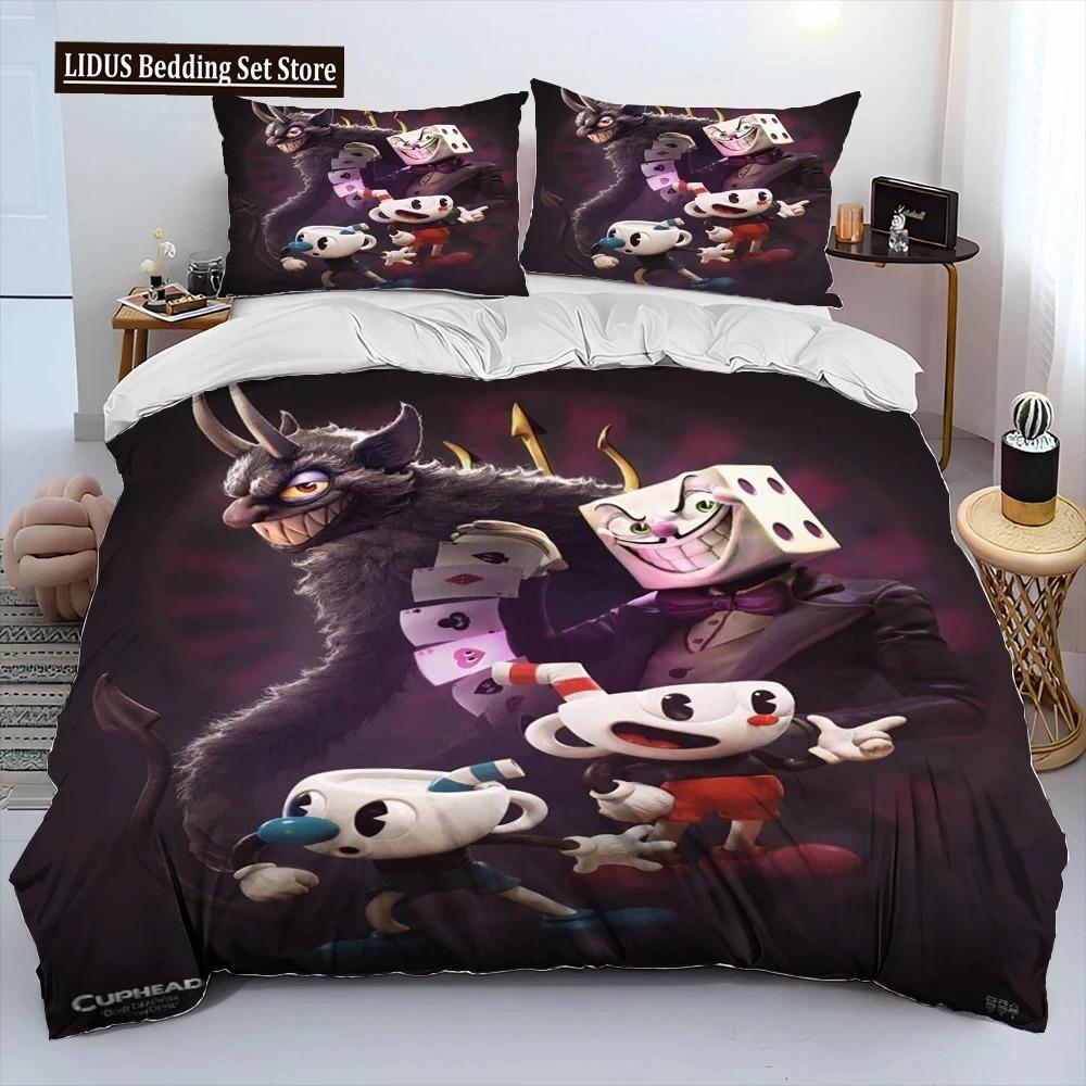 Cuphead И Mugman, Игра Геймер Комплект Постельного Белья Одеяло, Пододеяльник Комплект Постельного Белья Наволочка, Комплект Постельного Белья размера Кинг/Квин для Мальчиков