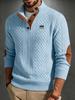 Mens Retro Stand Neck Shirt, Textured Jacquard Fabric, Half Placket Design, Comfortable Pullover with Contrast Elbow Patches