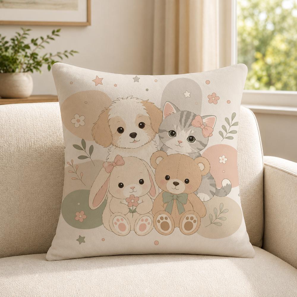 art cozy cute animal friends Cushion Cover Soft Short Plush SkinFriendly Cushion Case for MultiScene Use