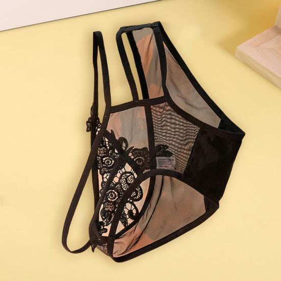 Sexy Women See-through Lace Briefs Mid-rise Seamless Ultra-thin Mesh Embroidery Flower Pattern Bowknot Decor Panties