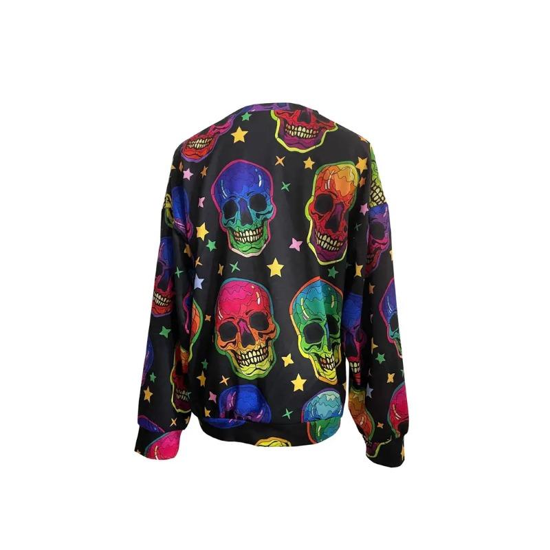 Halloween Skull Print Loose Sweatshirt, Casual Long Sleeve Crew Neck Sweatshirt, Women's Clothing