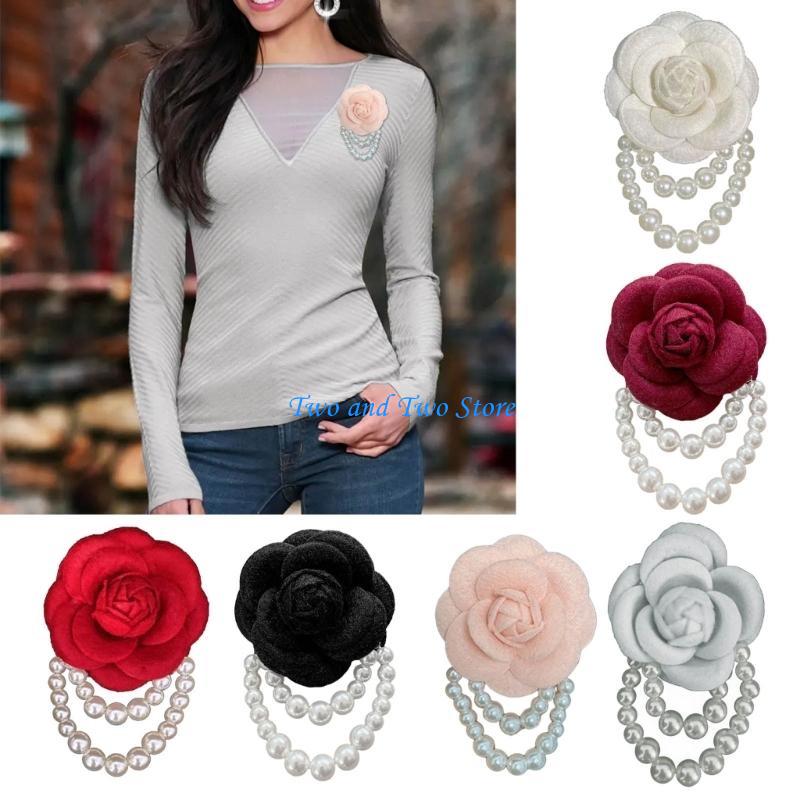 HX6F Vintage Camellia Brooches for Woman Buckle Pin Wedding Hand Flower Pearl Brooch Pin Fashion Clothing Jewelry Accessories