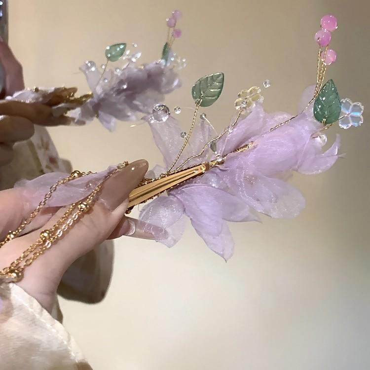 Fabric Pearl Flower Leaf Fringed Hairpin Small Fresh Sweet Versatile Duck Bill Clip Simple Design Hair Accessories Woman