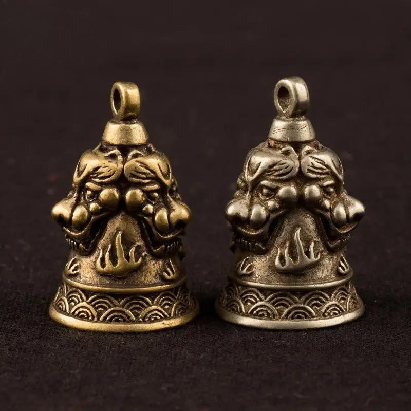 2pcs Three Lions Head Bell Small Ornaments Desk Feng Shui Decorations Retro Brass Keychain Pendants Home Decor for Living Room