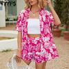 Женская мода на лето и весну, повседневные блузки и рубашки с короткими рукавами и цветочным узором, шорты с высокой талией, костюмы