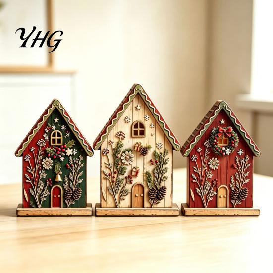 Festive Desktop Wood Decorations 3Pcs/Set Christmas Wooden Ornaments, Rustic Gingerbread Man Tree Tiered Tray Holiday Gift for Friends Decor,