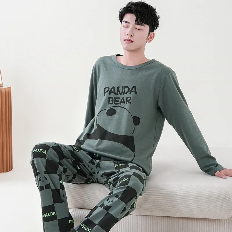 Милый пижамный комплект с рисунком панды для мужчин, хлопковый осенний комплект с длинными рукавами и круглым вырезом, ночная рубашка для осени и весны, домашняя одежда для мужчин