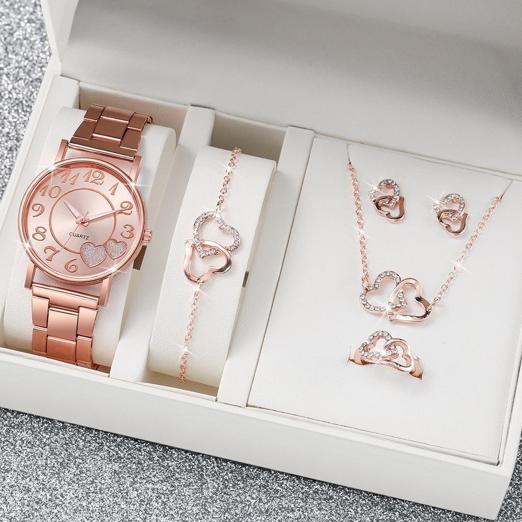 Gift Sets New Ladies Watch Set Fashion Double Love Rhinestone Alloy Jewelry Watch Ladies Girlfriends Watch Set