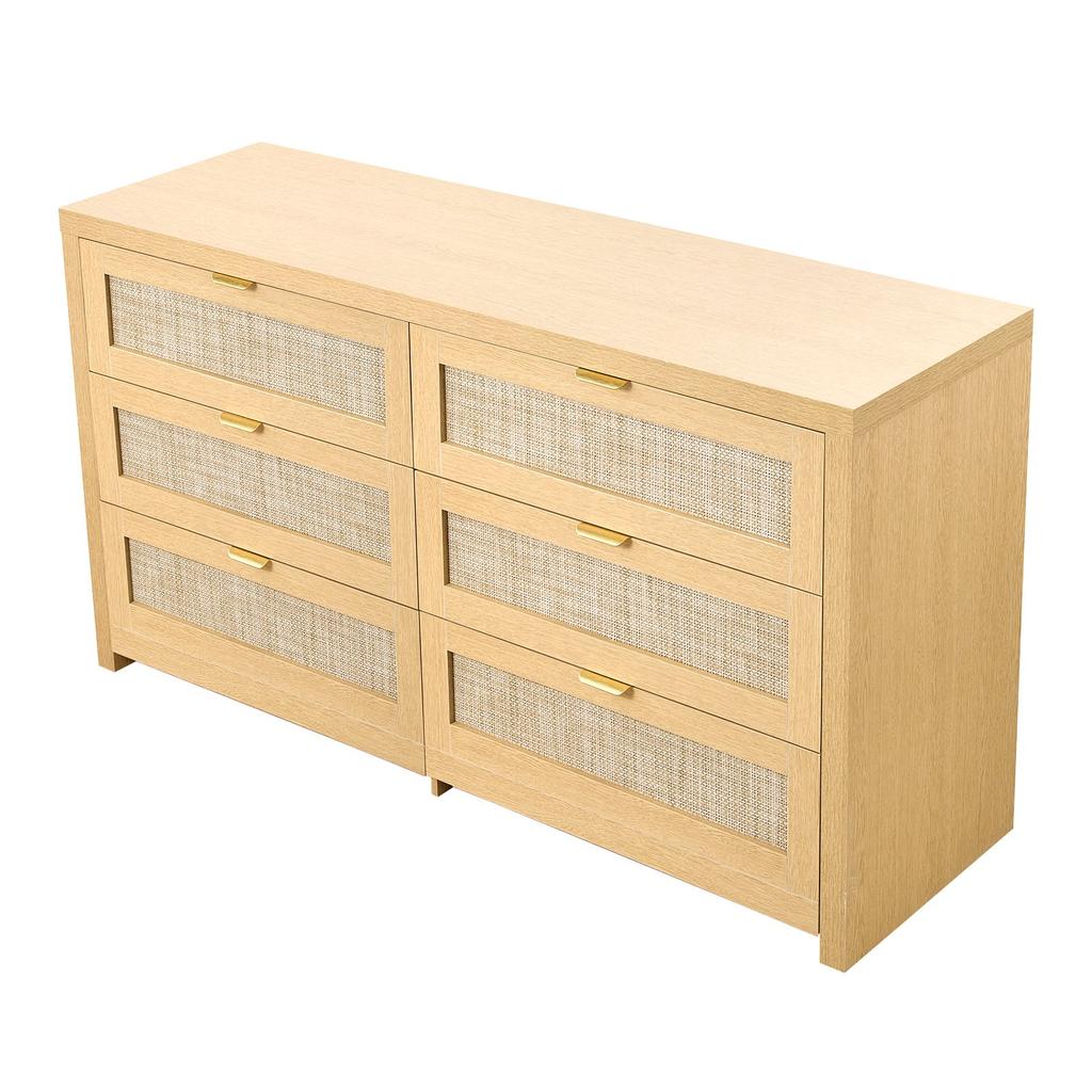 VEVOR 6 Drawer Rattan Dresser, Double Dresser for Bedroom, Natural Rattan Chest of Drawer with Metal Handle