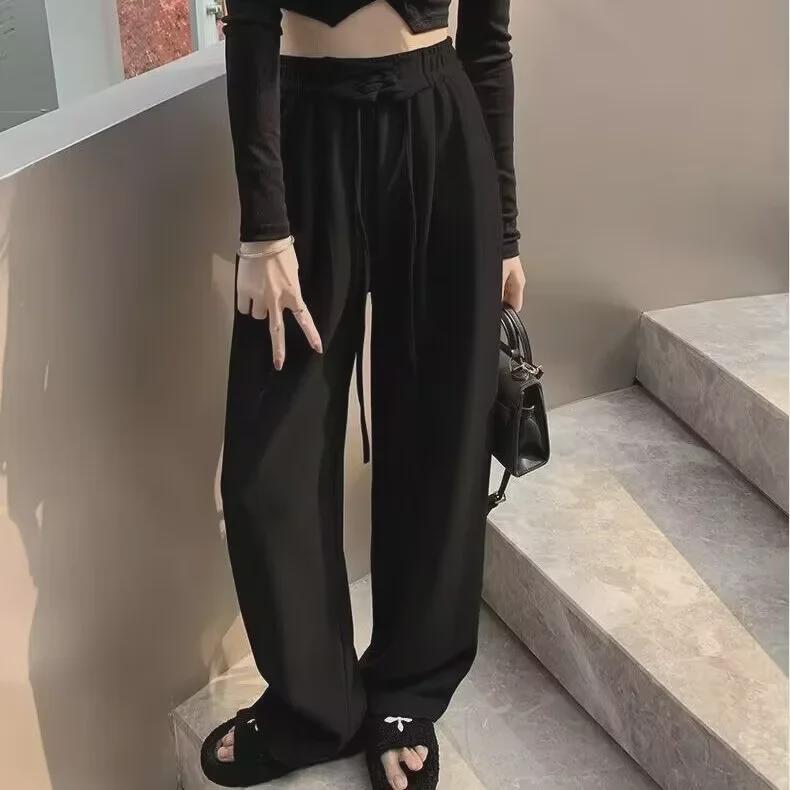 Спортивные брюки с высокой талией и ремешками 2023 года: Весна/Осень, облегающий крой, широкие штанины, повседневный тренд для женщин