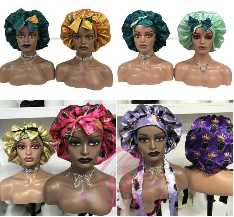 FREE SAMPLE Satin Bonnets Sleeping Caps Double Layer Women Silk Durags Head Tie Headband Designer Hair Bonnet With Custom logo