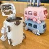 Cartoon Bus Water Bottle with Straw Strap 500ml Leakproof Lid Novel Children Drinking Bottle for Kids Cute Bus Shape Water Container for School