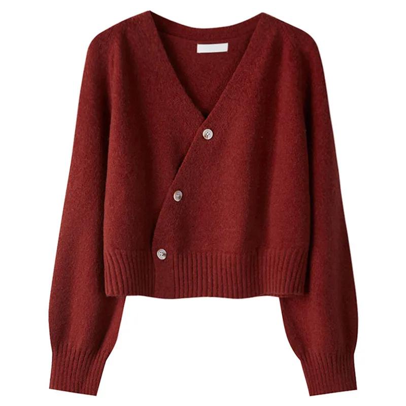 Autumn Winter Skew Button Cardigan V-neck Sweater Women Knitted Long Sleeve Tops Korean Loose Solid Cashmere Sweater for Woman