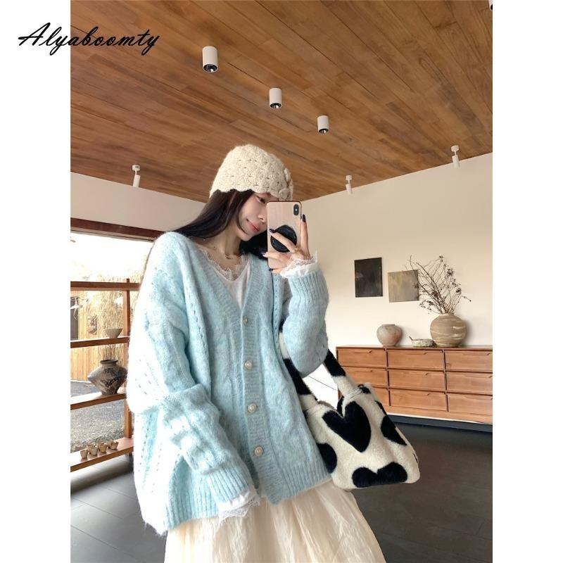 Корейская мода Осень Зима Женский вязаный свитер V-образный вырез Оверсайз Синий Вязаный кардиган Мешковатый Женский Сладкий Теплый Верхняя одежда