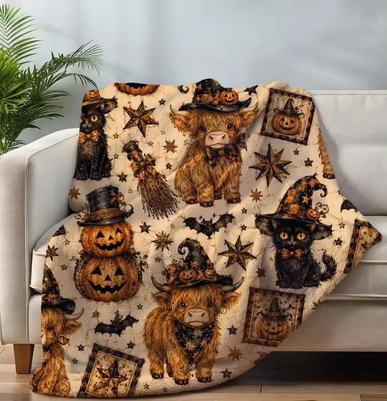 Jeepers Creepers Highland Cow Pumpkin Pattern Blanket Halloween Velveteen Throw Sofa, Bedroom Blanket, Home Decoration