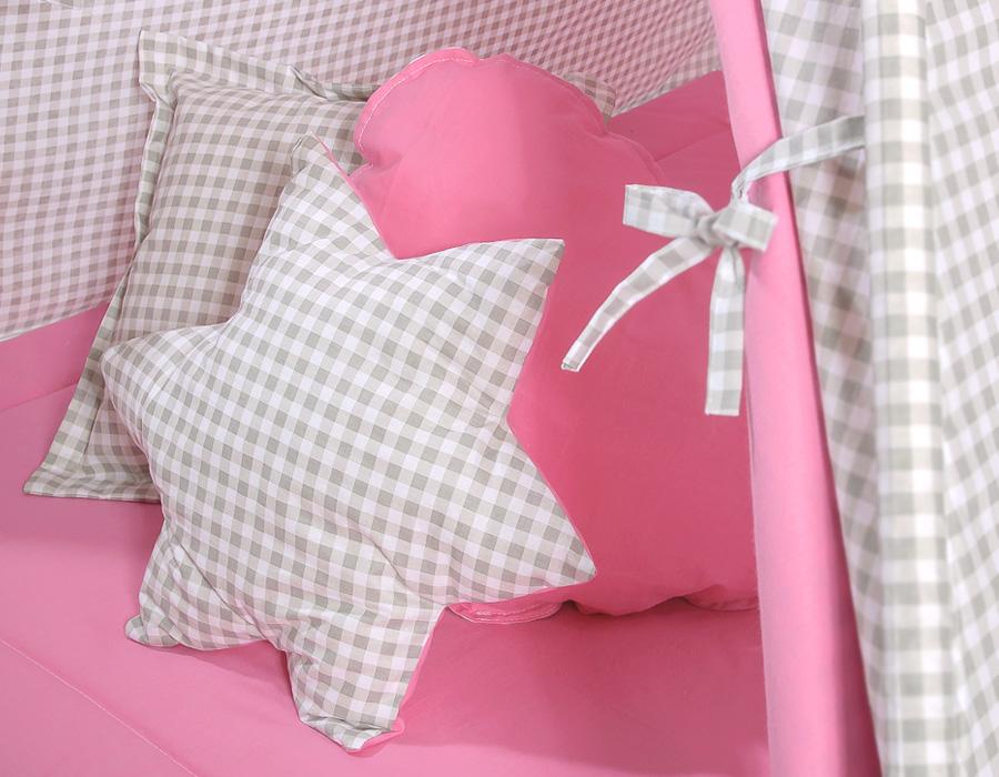 Tipi tent for children + feather pendants - gray-pink checkered pattern