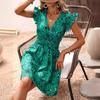 Women's Summer V-neck Waist Sexy Big Flower Ruffled Sleeveless Dress