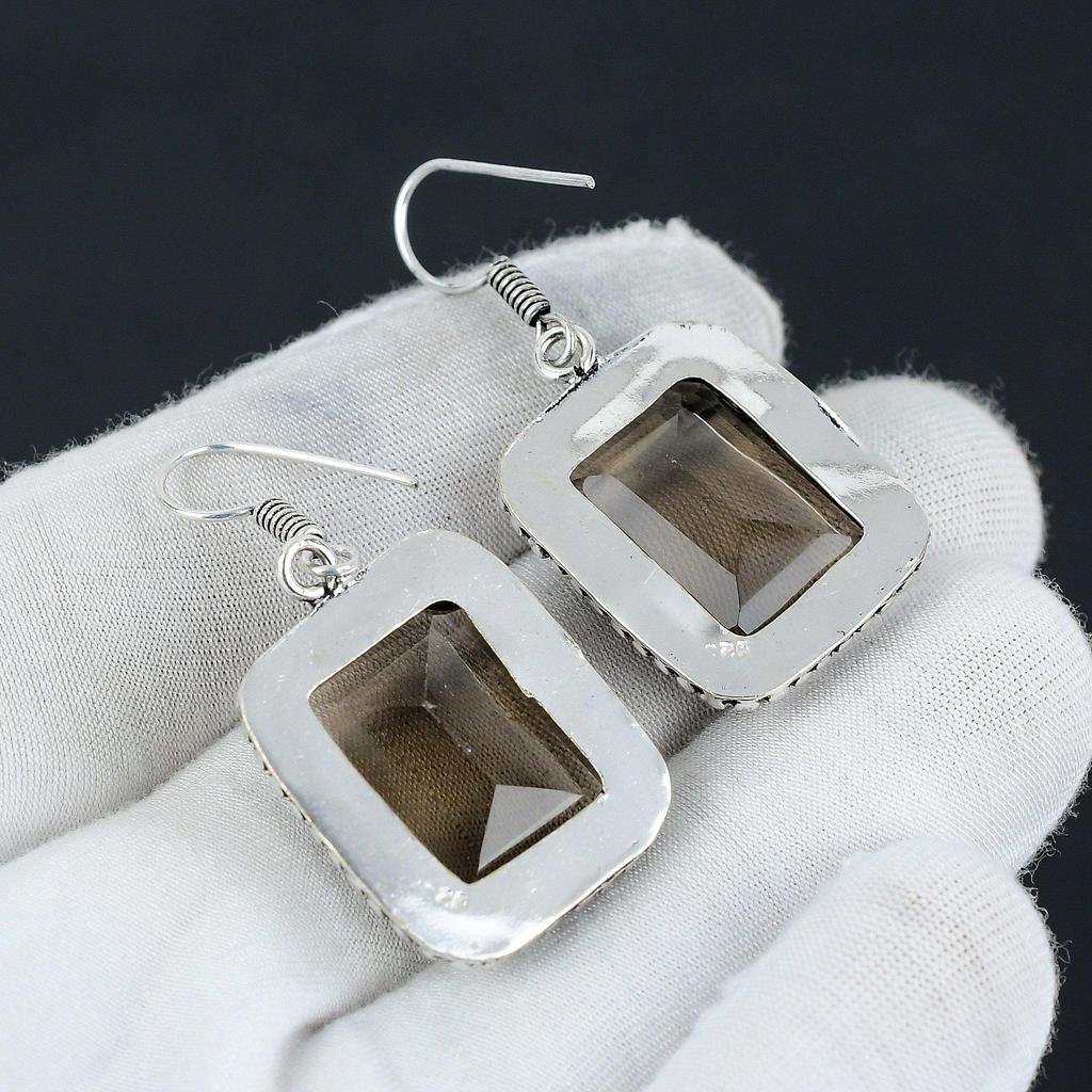 Smoky Topaz Gemstone Earring, 925 Sterling Silver Earring, Boho Silver Earring Jewelry, Bohemian Earring For Gifts, Women's Jewelry Earring