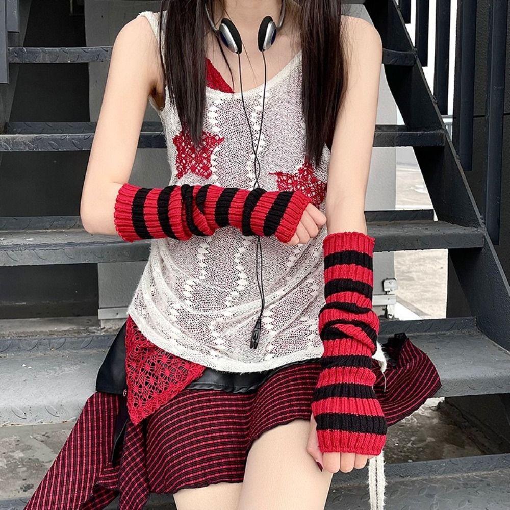 Lolita Long Fingerless Gloves Y2K Fingerless Arm Warmers Arm Cover Striped Knitted Arm Sleeves JK