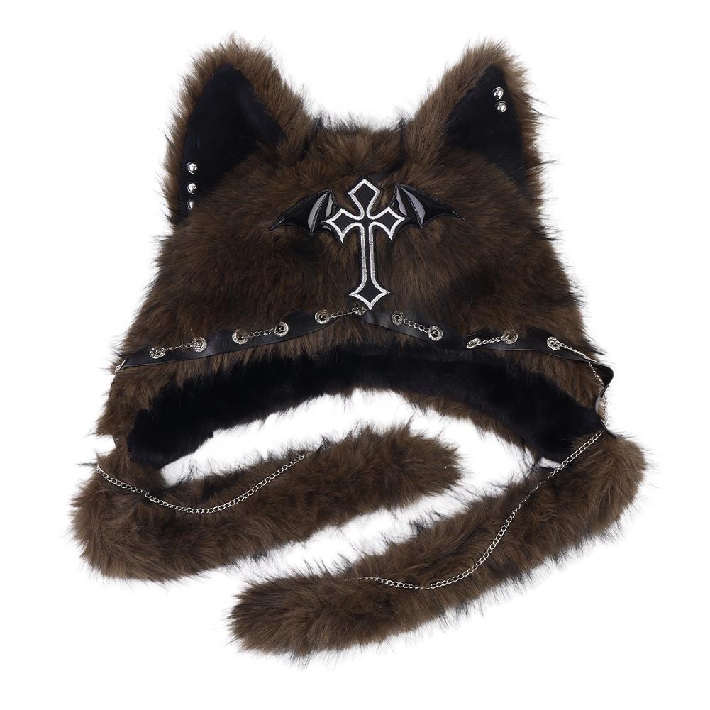Gothic Dark Style Plush Cat Ear Hat, Punk Rock Warm Winter Hat, Trendy Thermal Headwear for Women