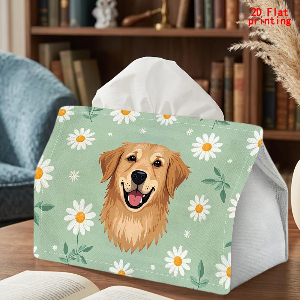 2D Flat 1pc, Tissue Box. Golden Retriever Flower Bouquet Pattern Napkin Dispenser, Reusable, Daily Desktop Tissue Organizer, Suitable for Kitchen Livi