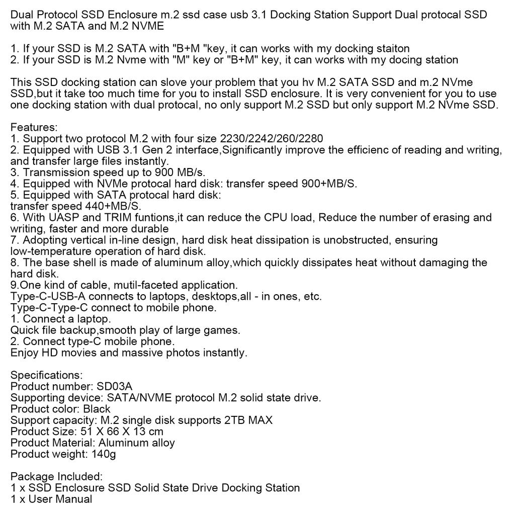 Корпус для M.2 SSD SATA/NVME с двойным протоколом, док-станция USB 3.1 с двойным протоколом