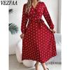 VEZFAA Women's Fashion Spring Fall Polka Dot Print Long Sleeve V-Neck High Waist Casual Dresses