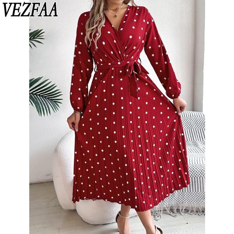 VEZFAA Women's Fashion Spring Fall Polka Dot Print Long Sleeve V-Neck High Waist Casual Dresses