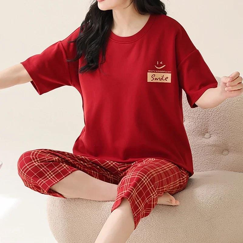 Летние пижамы-капри для женщин, повседневные пижамные комплекты с мультяшными лацканами, милая пижама для девочек из мягкого хлопка