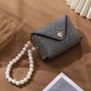 PU Leather Mini Storage Bag With Pearl Lanyard Headphone Bag Portable Rhinestone Coin Purse  Women