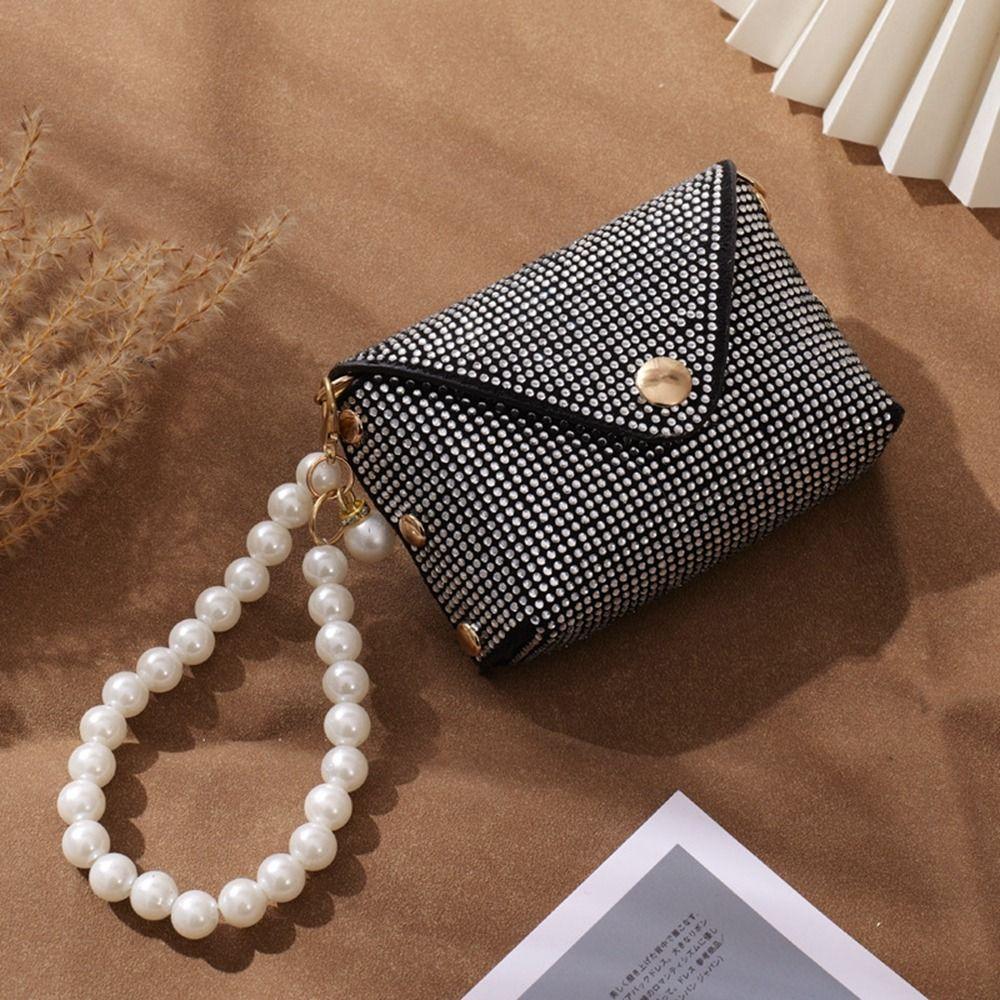 PU Leather Mini Storage Bag With Pearl Lanyard Headphone Bag Portable Rhinestone Coin Purse  Women