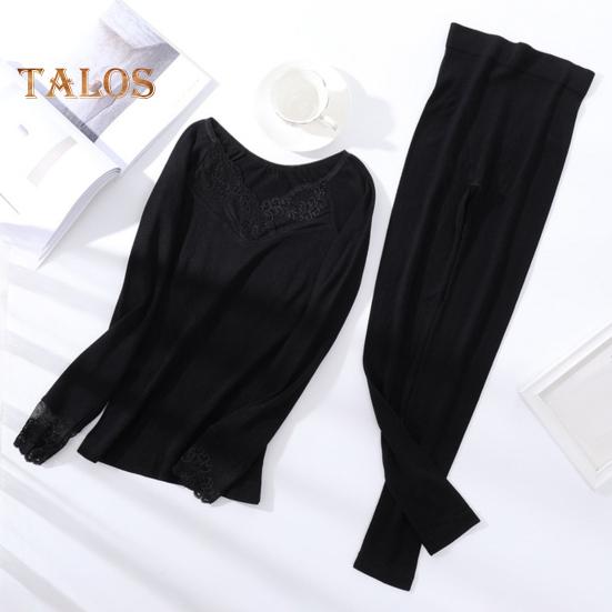 1 комплект женского термобелья, осенне-зимний кружевной V-образный вырез, длинный рукав, рубашка, длинные брюки, теплая основа для холодной погоды, верхние леггинсы