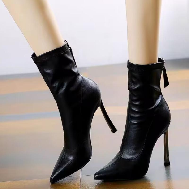 Модные зимние женские сапоги 2024 года, модные ботильоны на шпильках с застежкой-молнией, сексуальные, с острым носком, элегантные, однотонные, вечерние, Botas De Mujer
