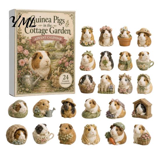 Cute Animal Trinkets Christmas Advent Calendar with 24 Guinea Pig, Garden Theme Holiday Desk Accessories Figurines, Decorative Healing Ornaments