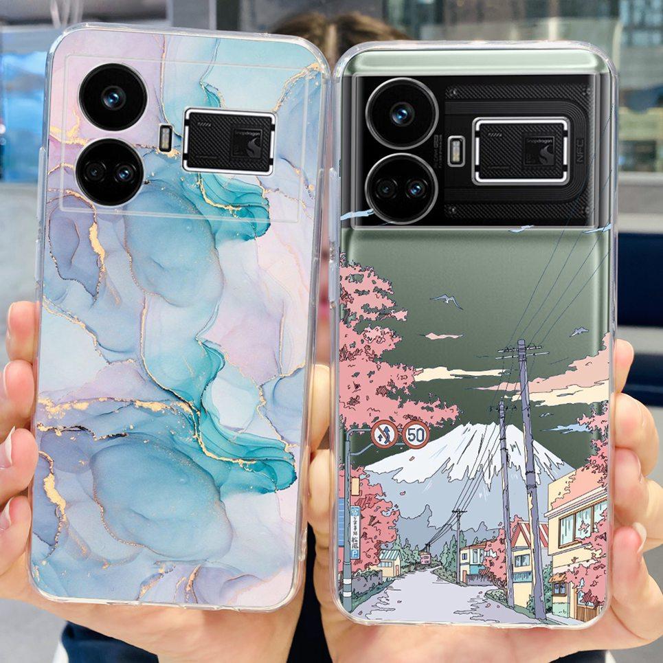 For Realme GT5 Case Clear Silicone Soft TPU Cover For OPPO Realme GT 5 RealmeGT5 Cases Flower Marble Jelly Bumper Coques